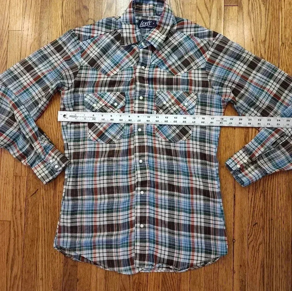 Levis Mens Vintage Pearl Snap Button Down Shirt Size S 70s 80s Plaid - Picture 5 of 6